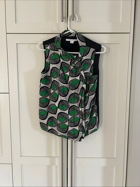 Diane Von Furstenberg 100% Silk Black, White & Green Sleeveless Full Zip Top 2